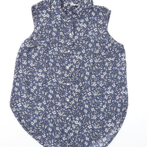 H&M Womens Blue Floral Polyester Basic Button-Up Size 10 Collared