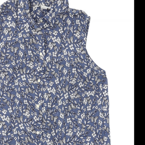 H&M Womens Blue Floral Polyester Basic Button-Up Size 10 Collared