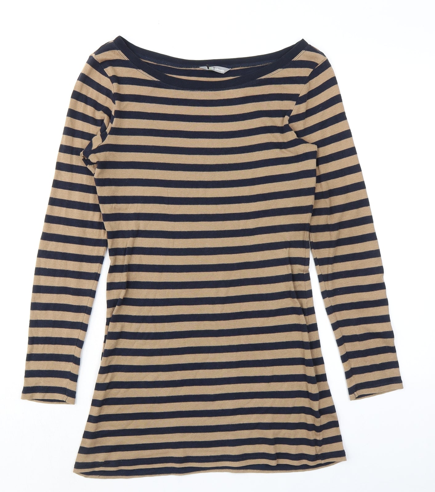 Marks and Spencer Womens Beige Striped 100% Cotton Basic Blouse Size 8 Boat Neck