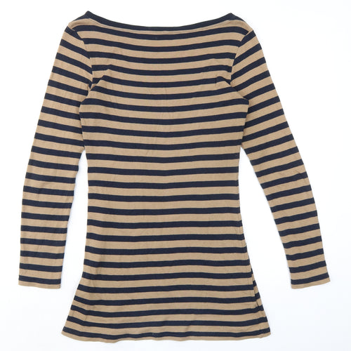 Marks and Spencer Womens Beige Striped 100% Cotton Basic Blouse Size 8 Boat Neck