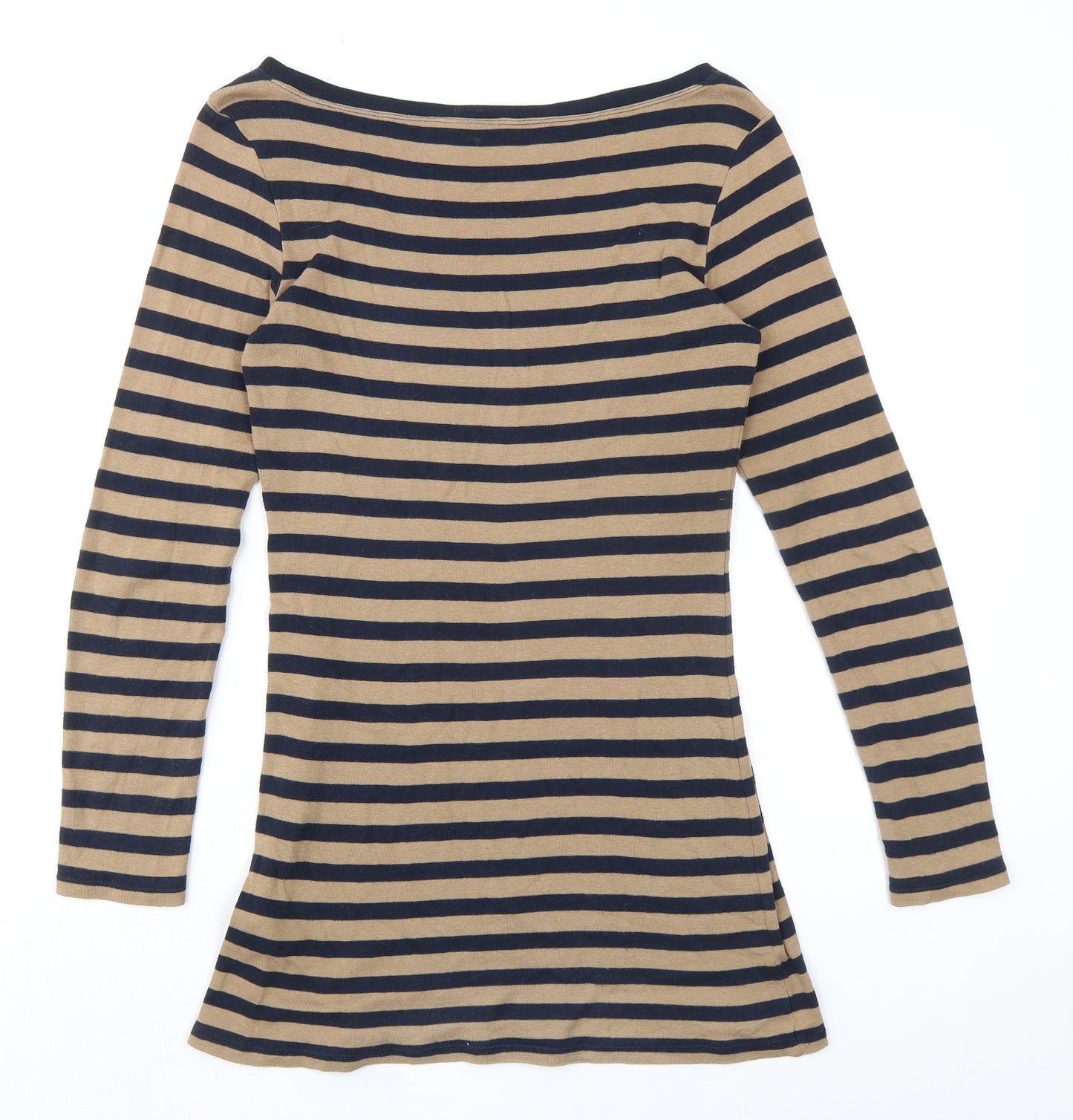 Marks and Spencer Womens Beige Striped 100% Cotton Basic Blouse Size 8 Boat Neck