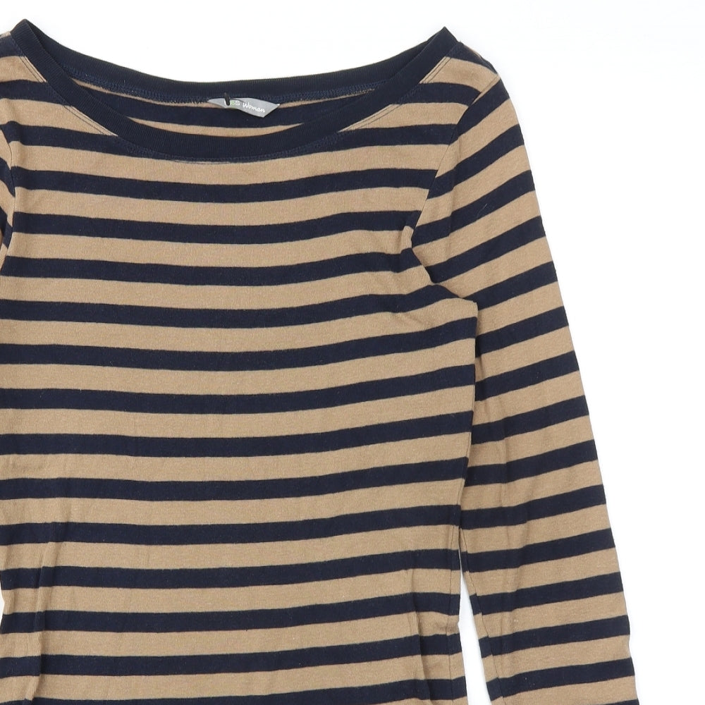 Marks and Spencer Womens Beige Striped 100% Cotton Basic Blouse Size 8 Boat Neck