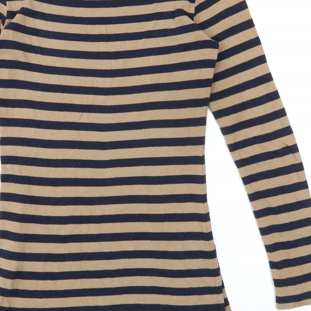 Marks and Spencer Womens Beige Striped 100% Cotton Basic Blouse Size 8 Boat Neck