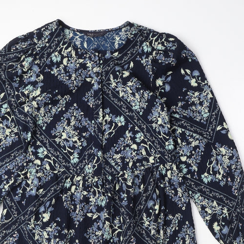 Marks and Spencer Womens Blue Geometric Polyester Shift Size 6 Round Neck Button - Floral Diamond Smock