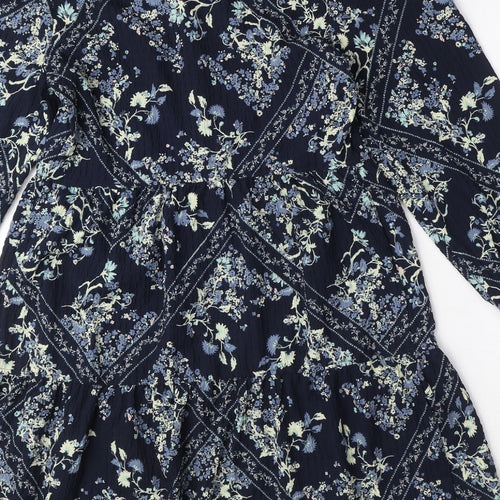 Marks and Spencer Womens Blue Geometric Polyester Shift Size 6 Round Neck Button - Floral Diamond Smock