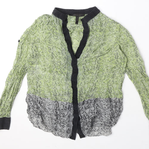 BCBGMAXAZRIA Womens Green Animal Print Silk Basic Blouse Size XS V-Neck - Snake Skin Print