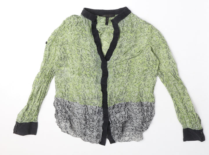 BCBGMAXAZRIA Womens Green Animal Print Silk Basic Blouse Size XS V-Neck - Snake Skin Print