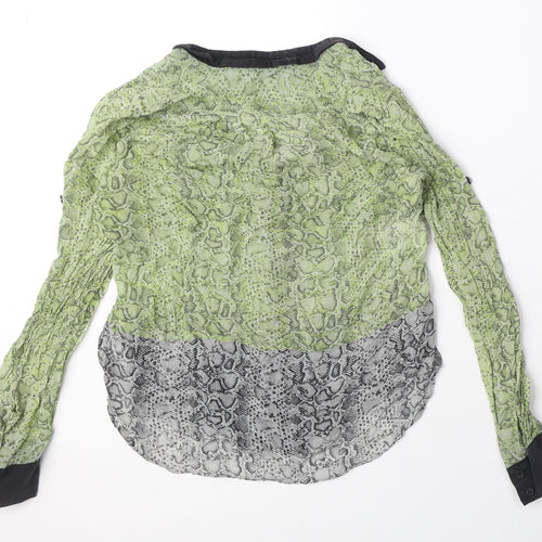 BCBGMAXAZRIA Womens Green Animal Print Silk Basic Blouse Size XS V-Neck - Snake Skin Print