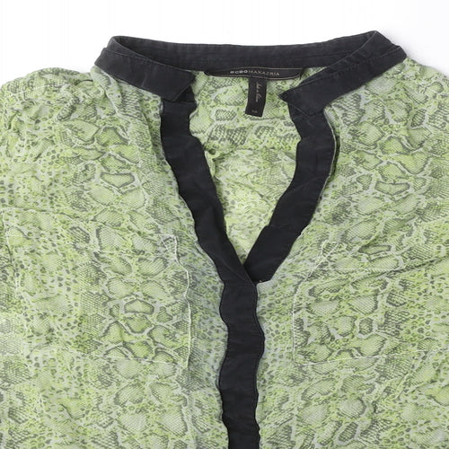 BCBGMAXAZRIA Womens Green Animal Print Silk Basic Blouse Size XS V-Neck - Snake Skin Print