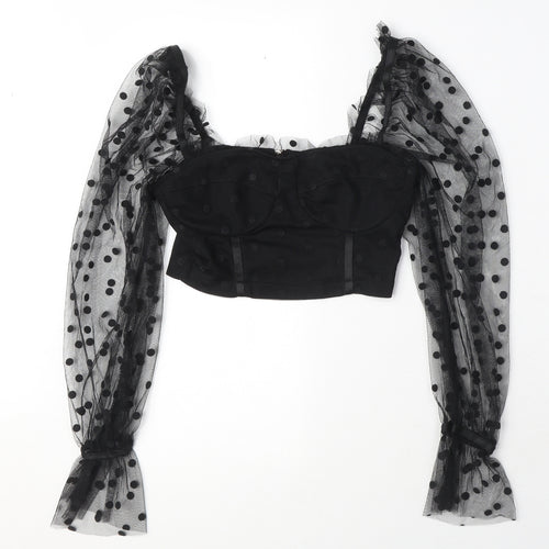 New Look Womens Black Polka Dot Polyester Cropped Blouse Size 6 Square Neck