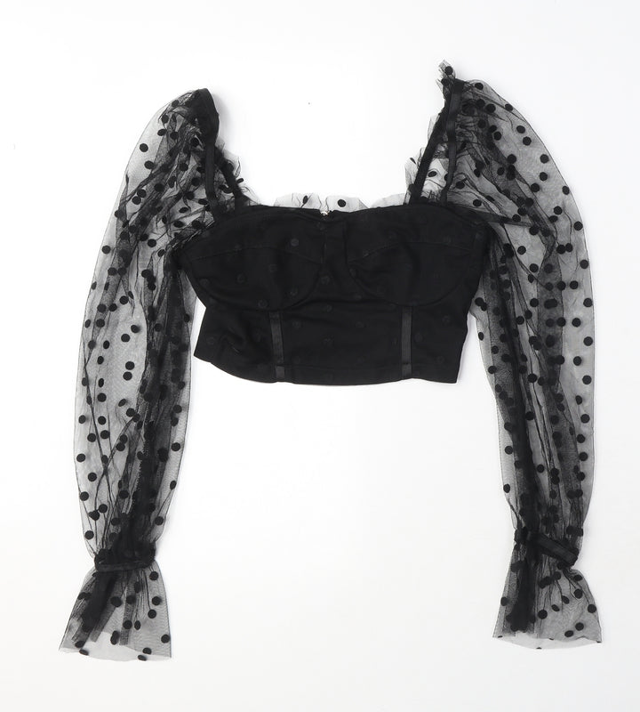 New Look Womens Black Polka Dot Polyester Cropped Blouse Size 6 Square Neck