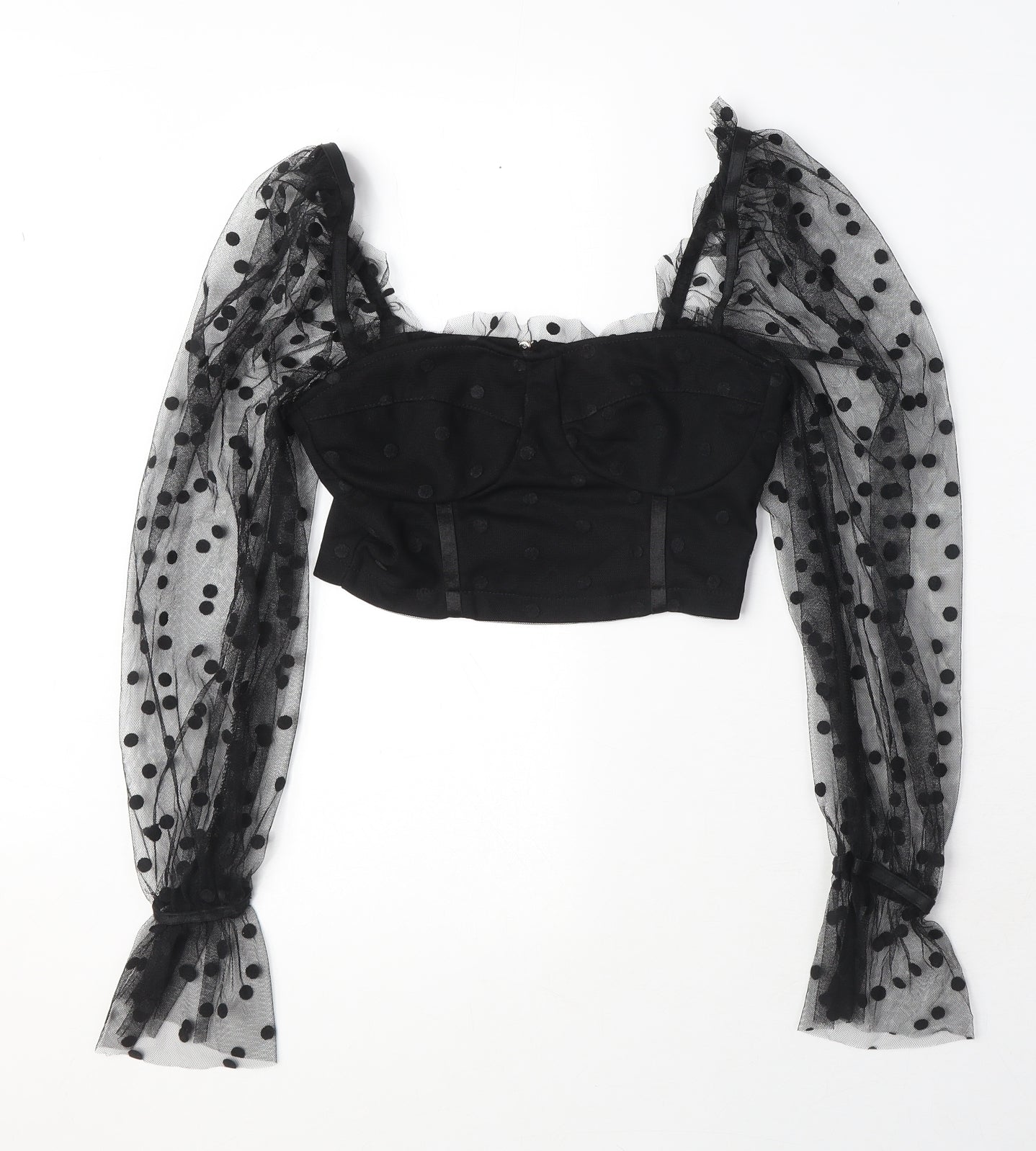New Look Womens Black Polka Dot Polyester Cropped Blouse Size 6 Square Neck