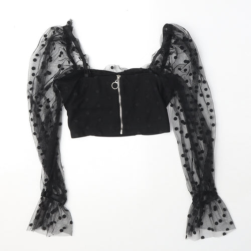 New Look Womens Black Polka Dot Polyester Cropped Blouse Size 6 Square Neck