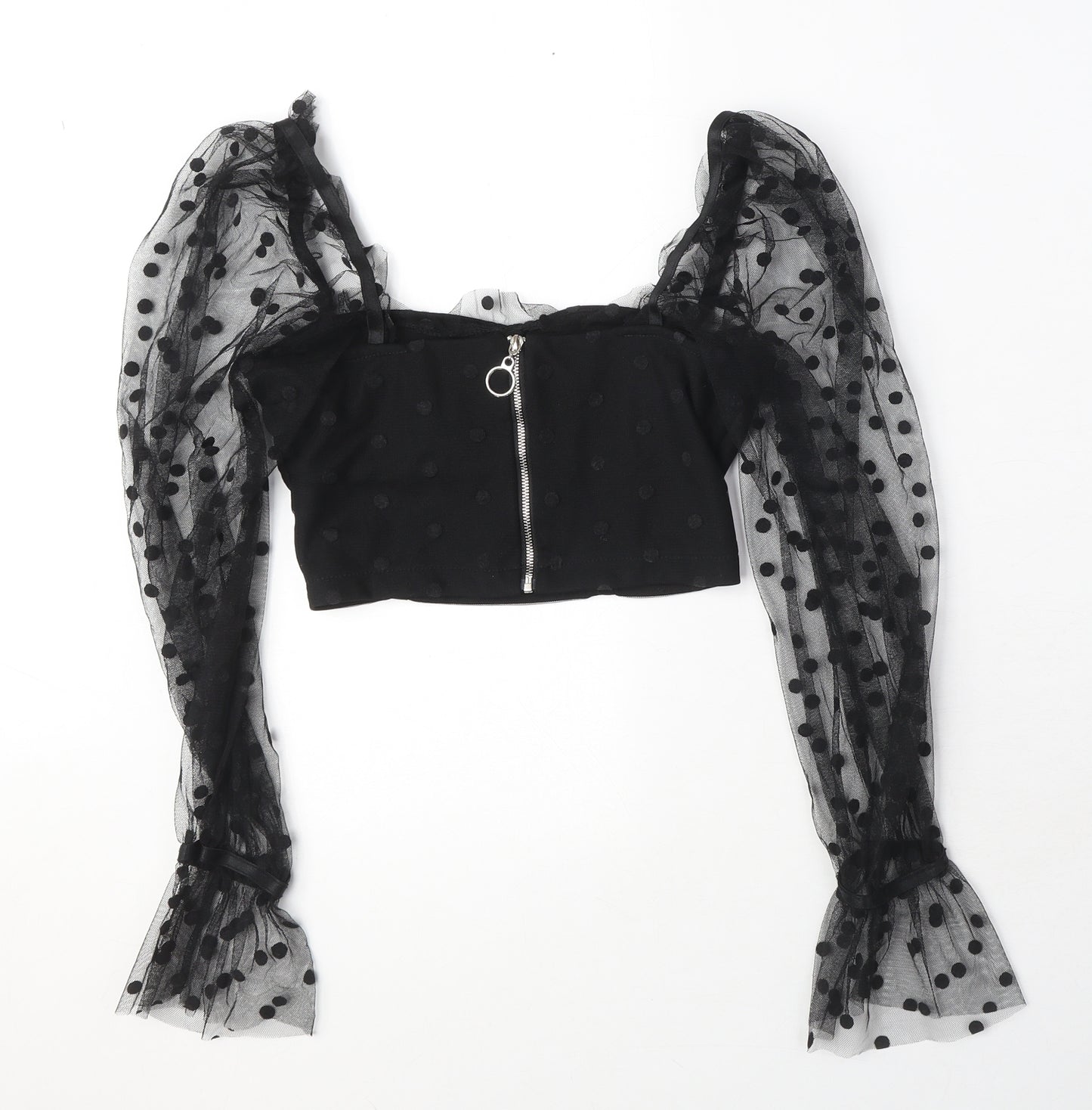 New Look Womens Black Polka Dot Polyester Cropped Blouse Size 6 Square Neck