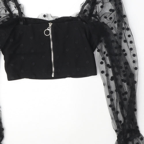 New Look Womens Black Polka Dot Polyester Cropped Blouse Size 6 Square Neck