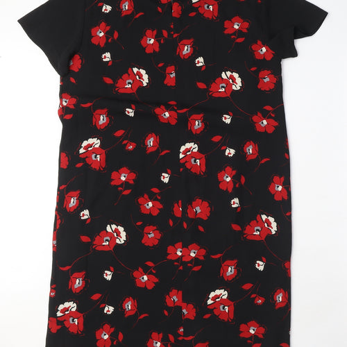 BHS Womens Black Floral Polyester Shift Size 14 Round Neck Button