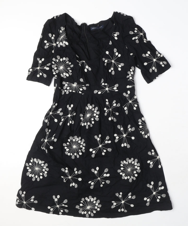 French Connection Womens Black Geometric 100% Cotton A-Line Size 8 Scoop Neck Zip