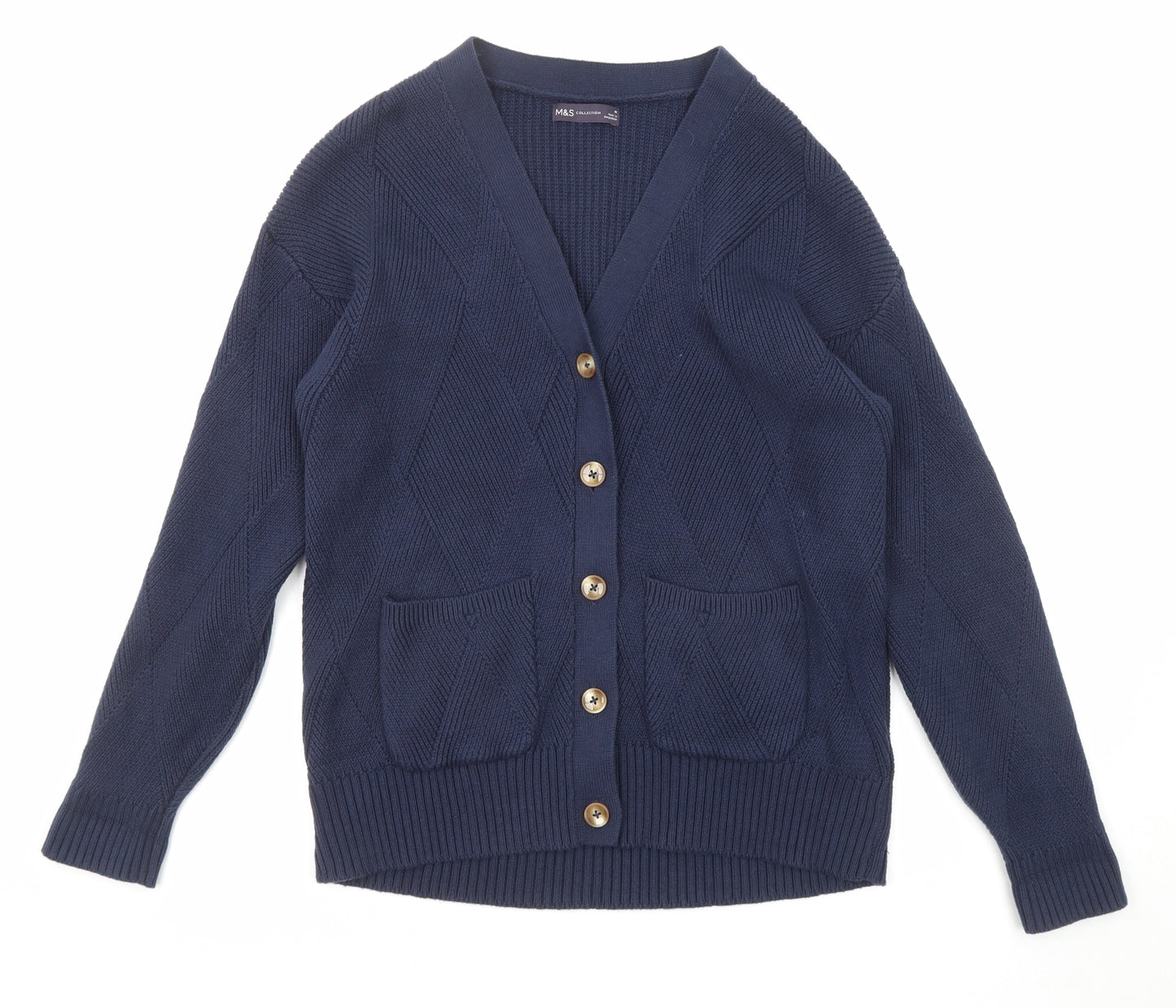 Marks and Spencer Womens Blue V-Neck Cotton Cardigan Jumper Size M - Pockets