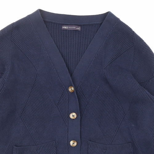Marks and Spencer Womens Blue V-Neck Cotton Cardigan Jumper Size M - Pockets