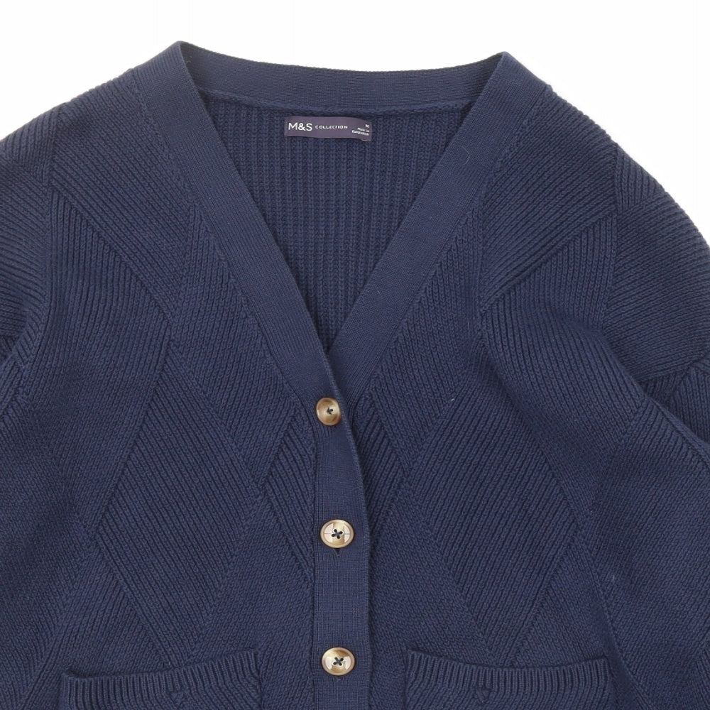 Marks and Spencer Womens Blue V-Neck Cotton Cardigan Jumper Size M - Pockets