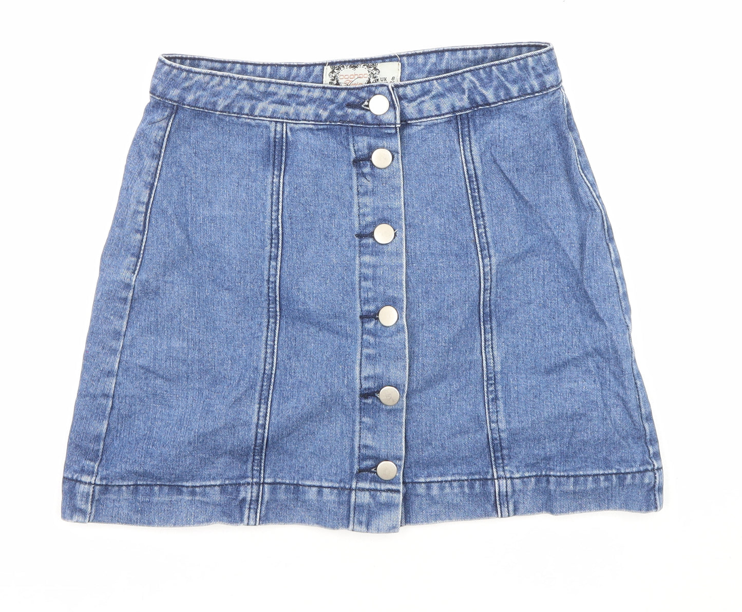 Boohoo Womens Blue Cotton A-Line Skirt Size 8 Button