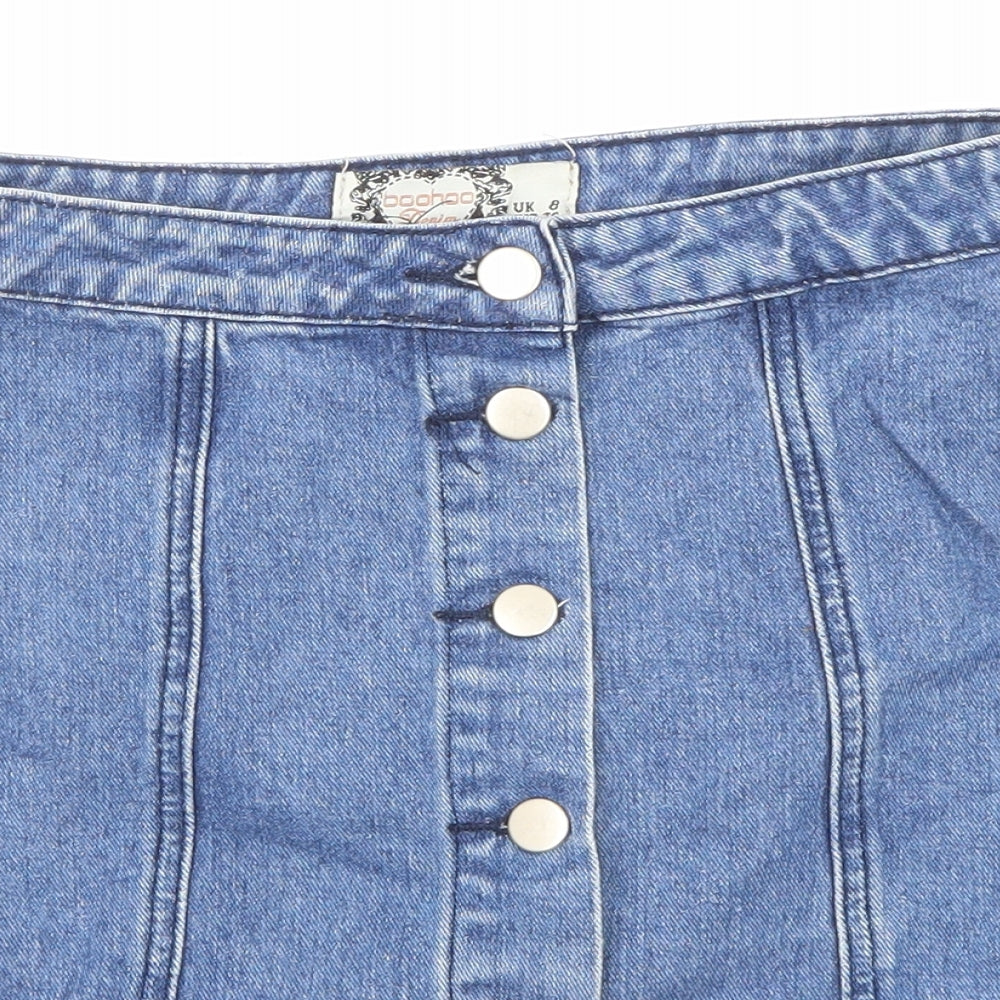 Boohoo Womens Blue Cotton A-Line Skirt Size 8 Button