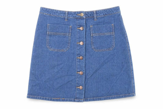 Front view of Denim & Co. women’s blue cotton a-line skirt, size UK 10, button