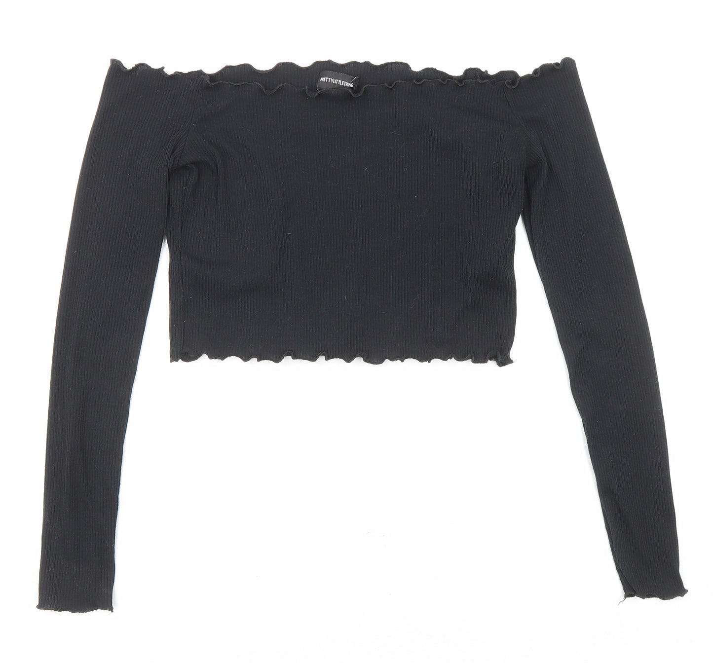 PRETTYLITTLETHING Womens Black Polyester Cropped Blouse Size 8 Off the Shoulder