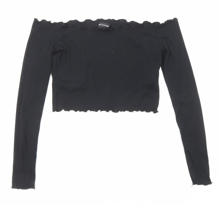 PRETTYLITTLETHING Womens Black Polyester Cropped Blouse Size 8 Off the Shoulder