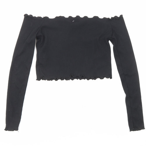 PRETTYLITTLETHING Womens Black Polyester Cropped Blouse Size 8 Off the Shoulder