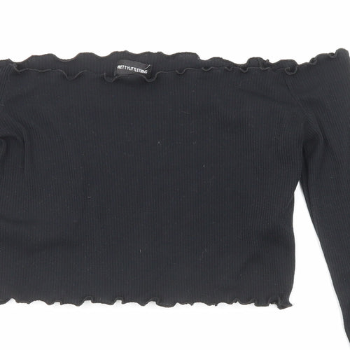 PRETTYLITTLETHING Womens Black Polyester Cropped Blouse Size 8 Off the Shoulder