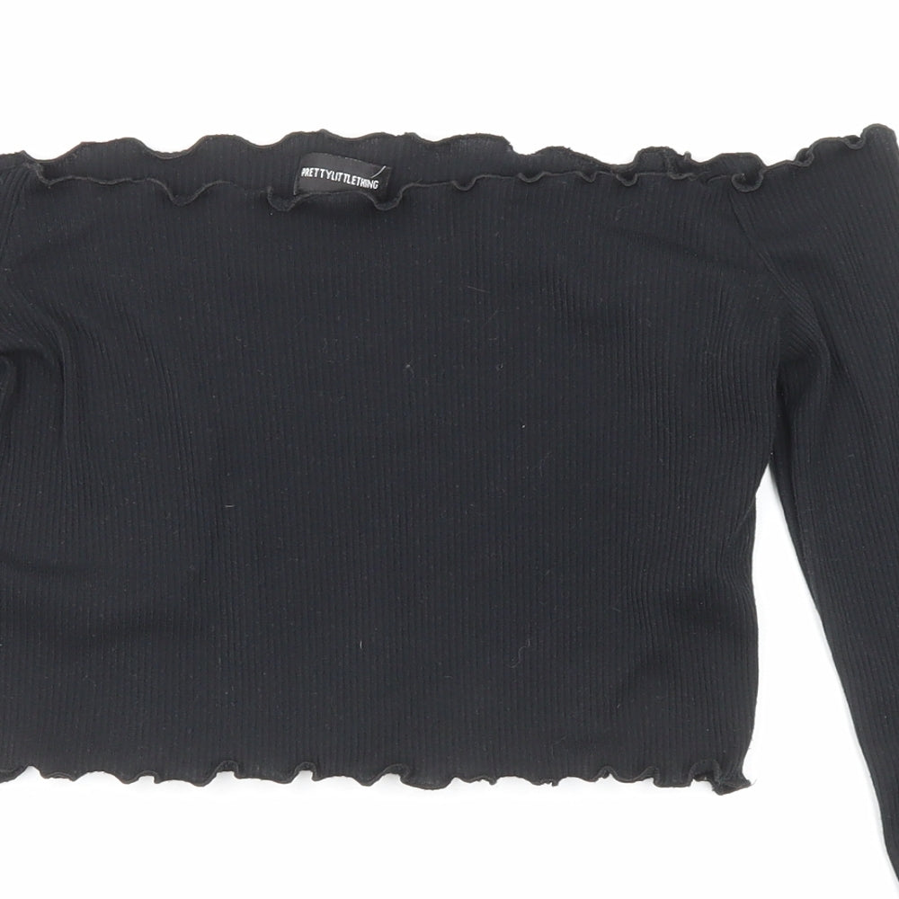 PRETTYLITTLETHING Womens Black Polyester Cropped Blouse Size 8 Off the Shoulder