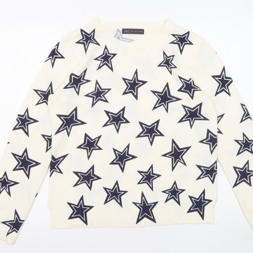 Marks and Spencer Womens Ivory Round Neck Geometric Acrylic Pullover Jumper Size 12 - Star Pattern