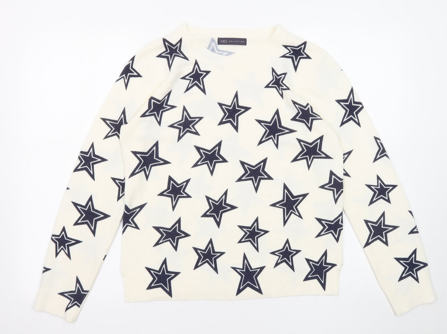 Marks and Spencer Womens Ivory Round Neck Geometric Acrylic Pullover Jumper Size 12 - Star Pattern