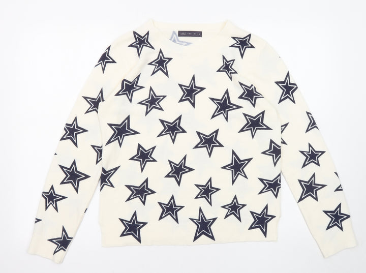 Marks and Spencer Womens Ivory Round Neck Geometric Acrylic Pullover Jumper Size 12 - Star Pattern
