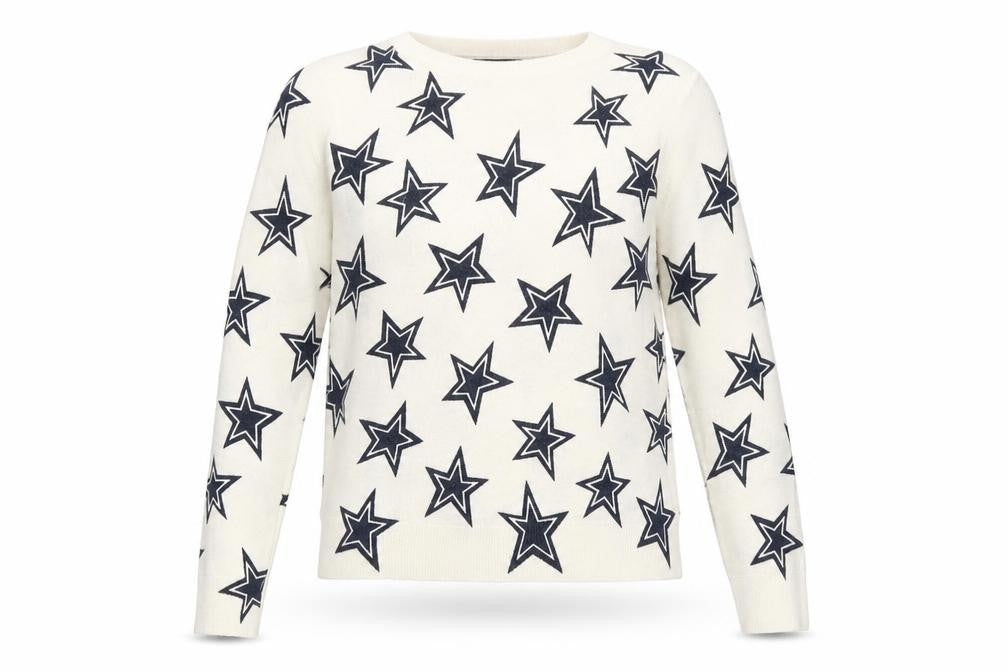 Front view of Marks & Spencer women’s ivory round neck geometric acrylic jumper, size UK 12, - star pattern