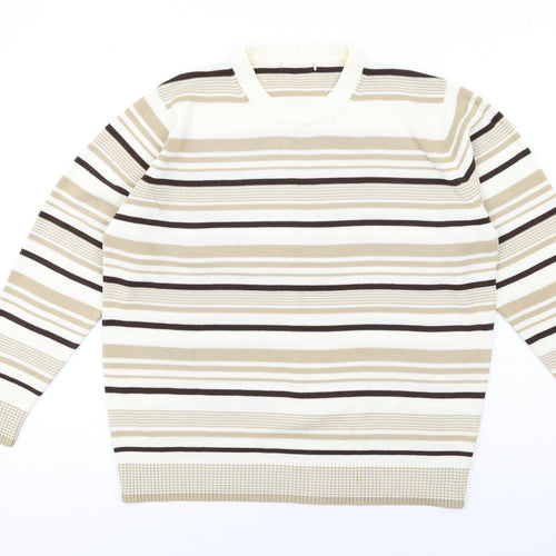 Berkertex Womens Beige Crew Neck Striped Acrylic Pullover Jumper Size 14