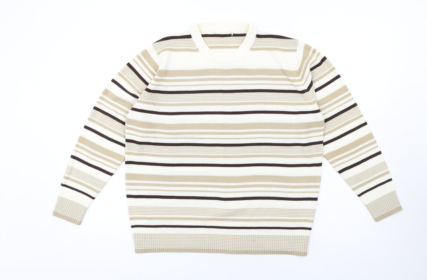 Berkertex Womens Beige Crew Neck Striped Acrylic Pullover Jumper Size 14