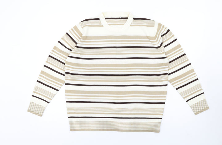 Berkertex Womens Beige Crew Neck Striped Acrylic Pullover Jumper Size 14