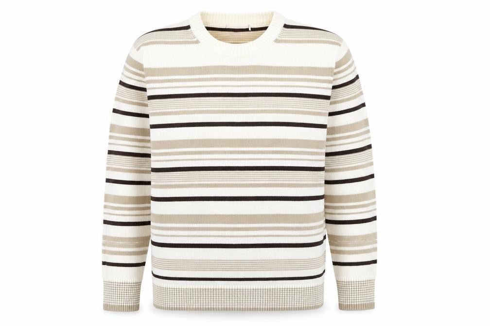 Front view of Berkertex women’s beige crew neck striped acrylic jumper, size UK 14