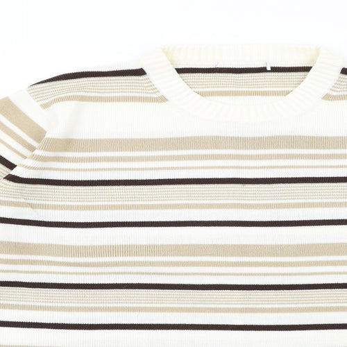 Berkertex Womens Beige Crew Neck Striped Acrylic Pullover Jumper Size 14