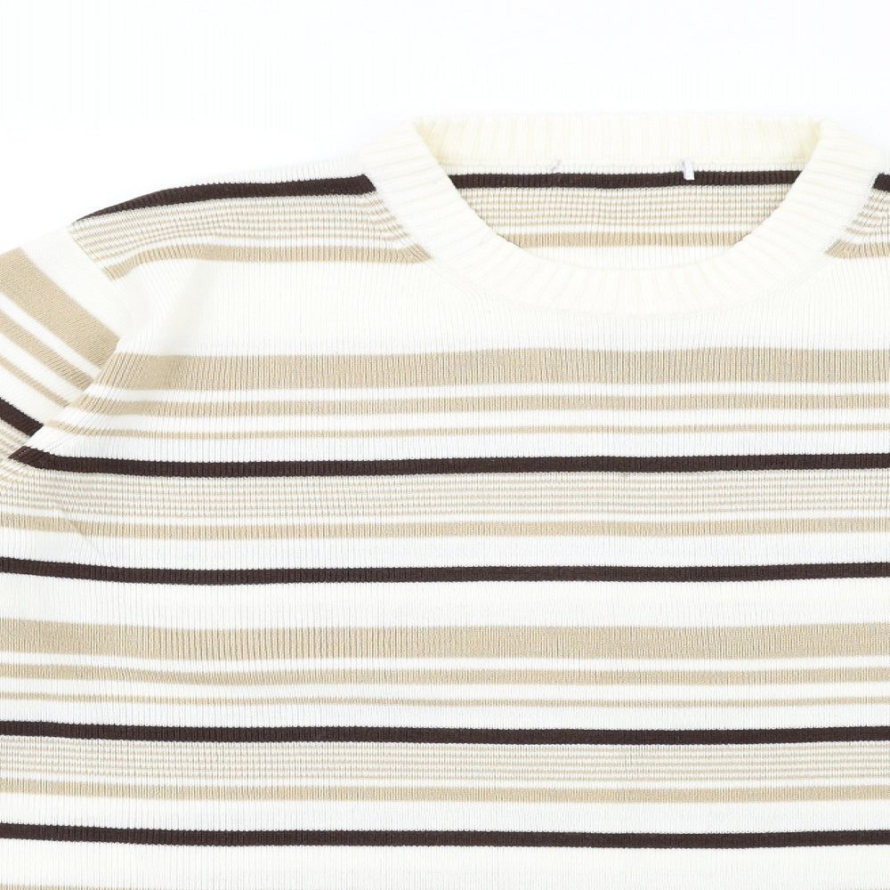 Berkertex Womens Beige Crew Neck Striped Acrylic Pullover Jumper Size 14