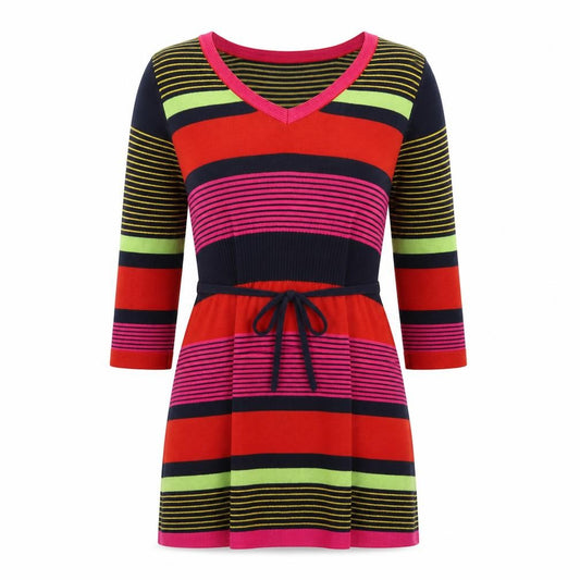 Front view of Per Una women’s multicoloured striped viscose a-line, size UK 10, v-neck pullover