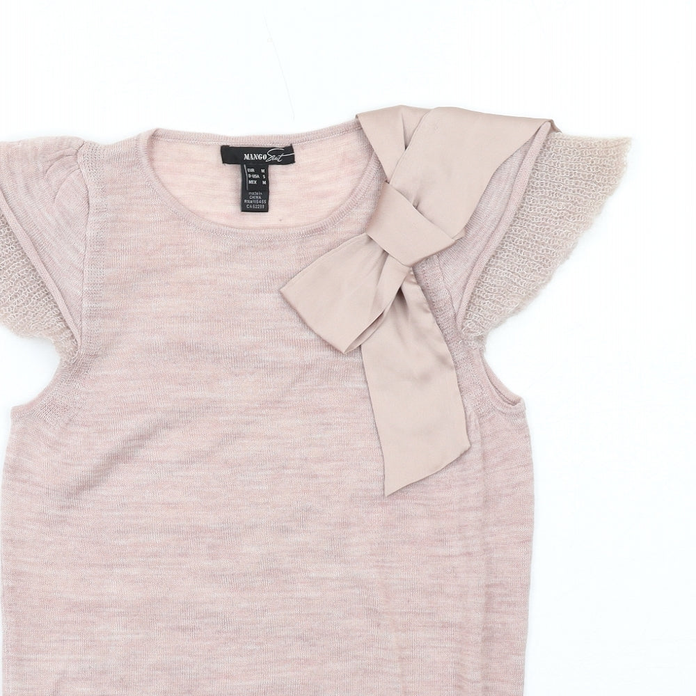 Mango Womens Pink Round Neck Acrylic Pullover Jumper Size M - Bow Detail