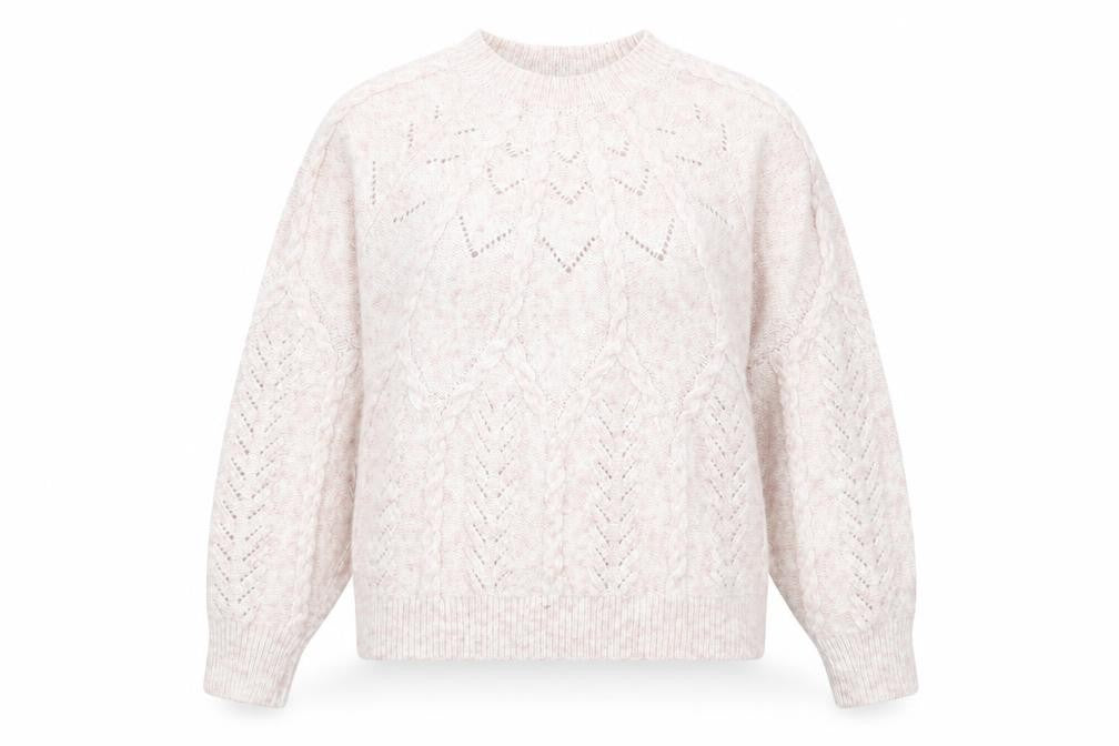 Front view of Marks & Spencer women’s pink round neck polyester jumper, size M
