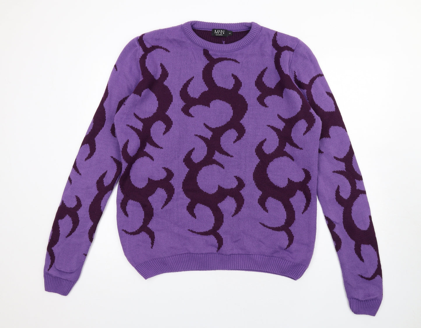 Boohoo Mens Purple Round Neck Geometric Acrylic Pullover Jumper Size S Long Sleeve