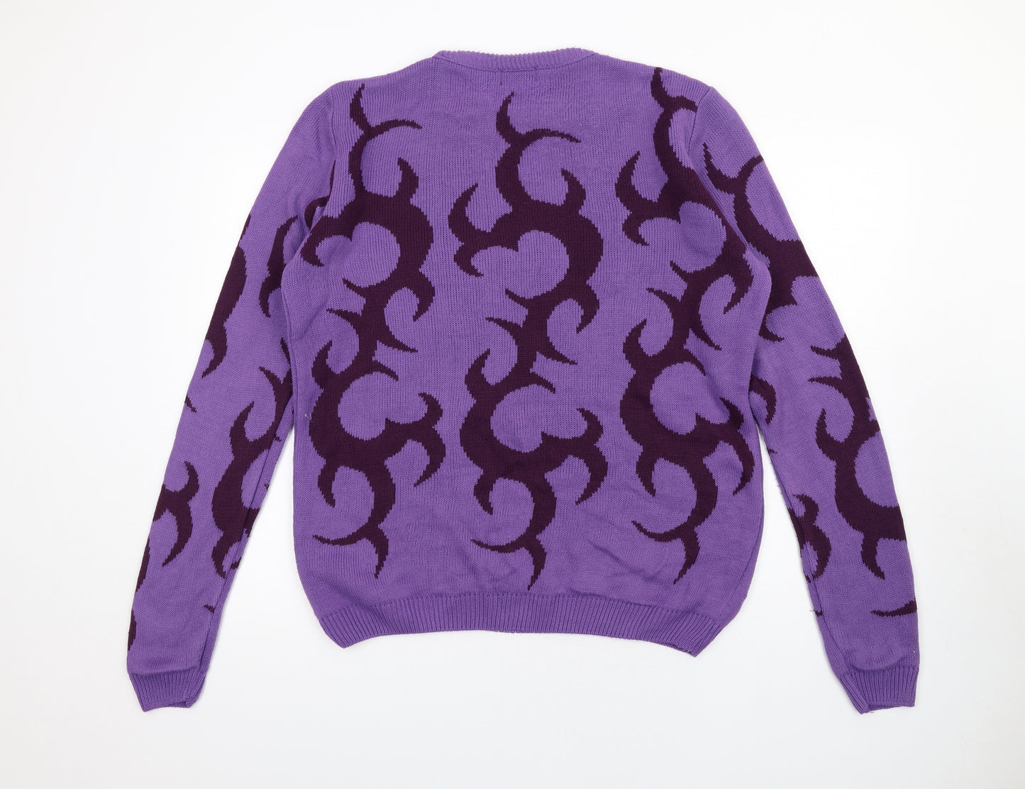 Boohoo Mens Purple Round Neck Geometric Acrylic Pullover Jumper Size S Long Sleeve