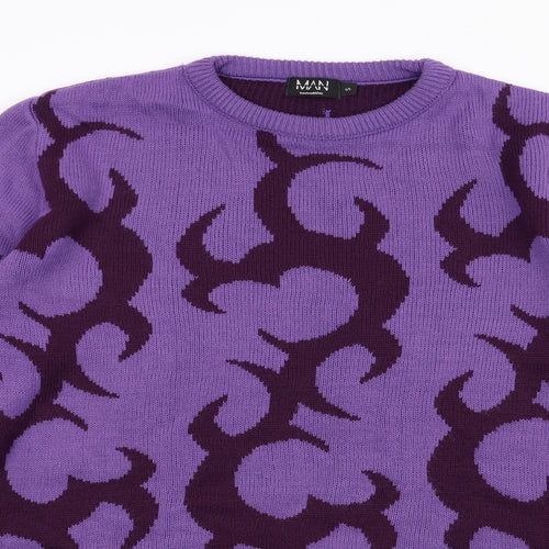 Boohoo Mens Purple Round Neck Geometric Acrylic Pullover Jumper Size S Long Sleeve