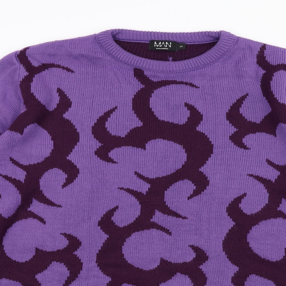 Boohoo Mens Purple Round Neck Geometric Acrylic Pullover Jumper Size S Long Sleeve