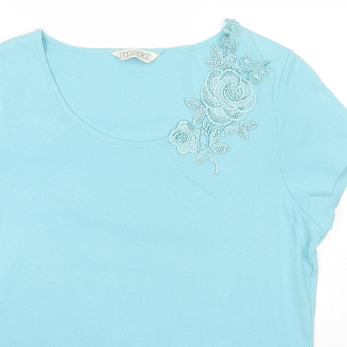 Classics Womens Blue Cotton Basic T-Shirt Size 16 Scoop Neck - Floral Lace Detail